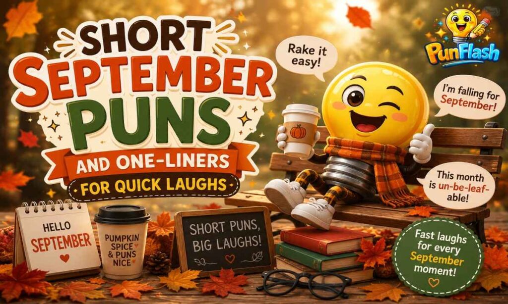 Short September puns and one-liners for quick laughs, featuring funny autumn wordplay, cozy fall themes, and PunFlash branding