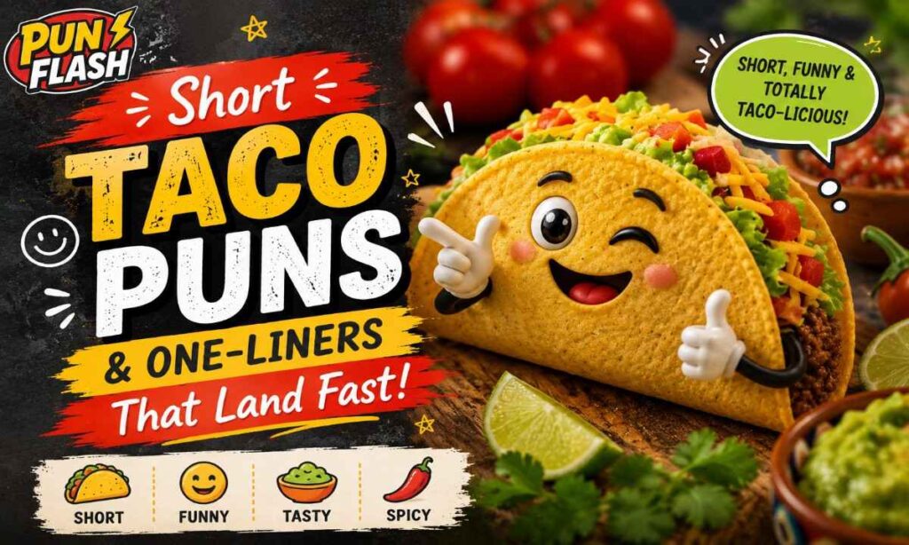 Short taco puns and one-liners with a funny taco, guacamole, salsa, and spicy food