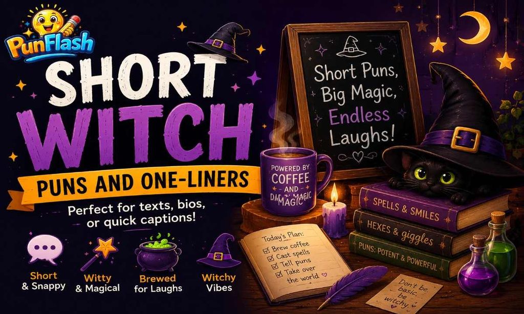 Short witch puns and one-liners with a witch hat, black cat, coffee, magical books, potions, and Halloween decorations.
