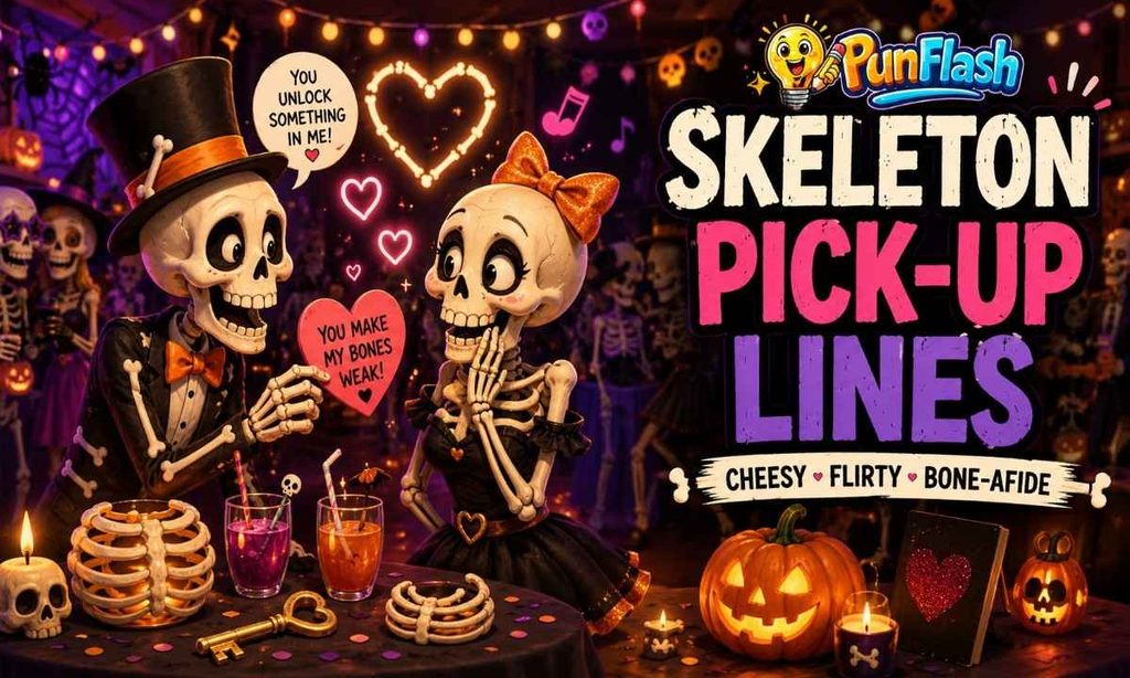 Funny skeleton couple flirting at a Halloween party for skeleton pick-up lines.