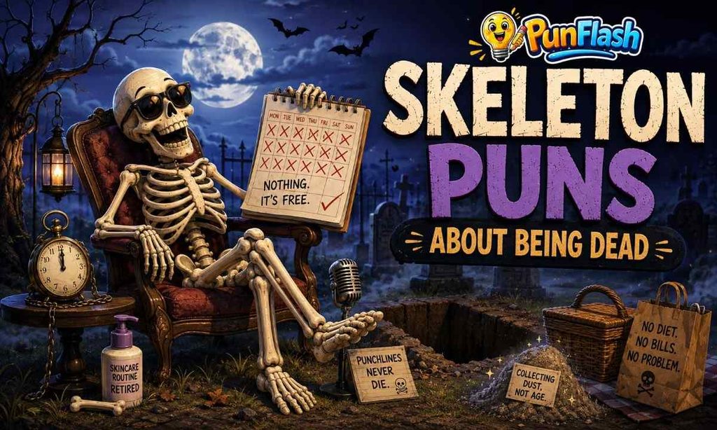 Relaxed skeleton sitting in a cemetery with a calendar for skeleton puns about being dead.