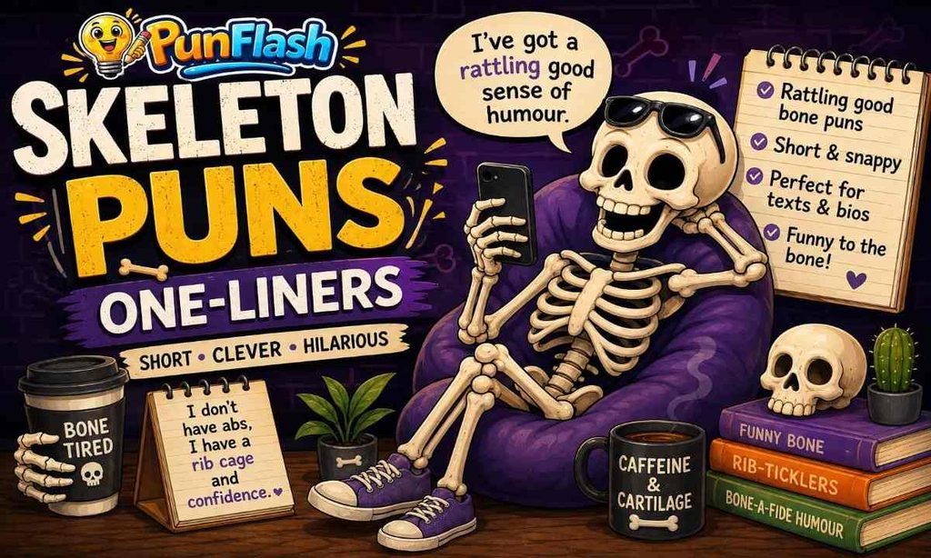 Funny skeleton sitting in a chair with a smartphone for skeleton puns one-liners.