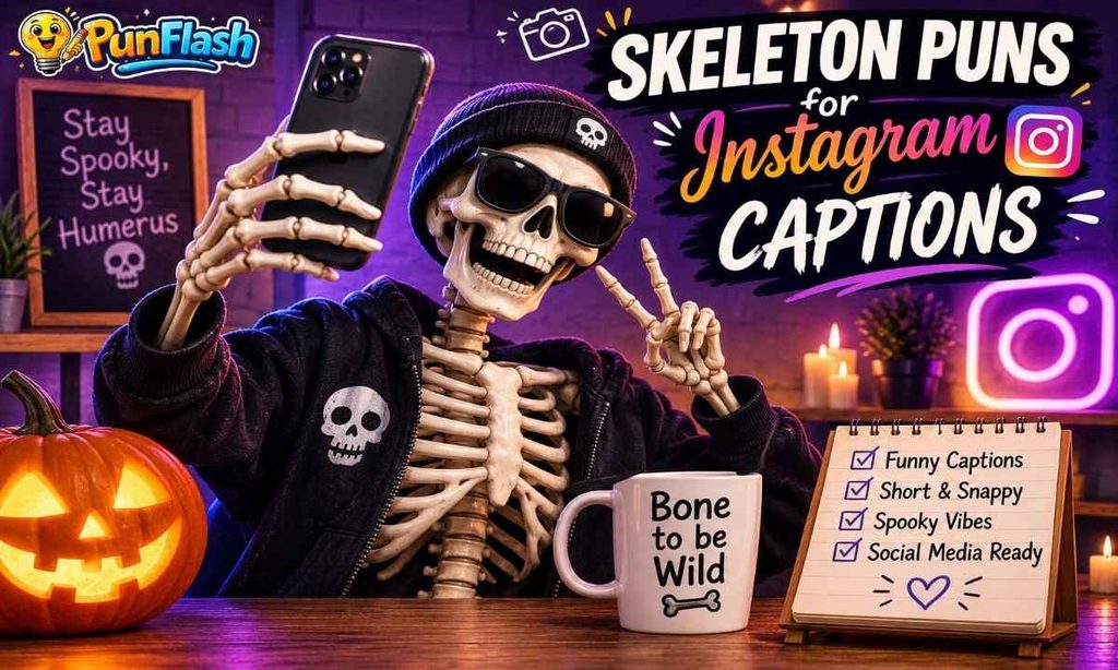 Funny skeleton taking a selfie with a smartphone for Instagram captions.