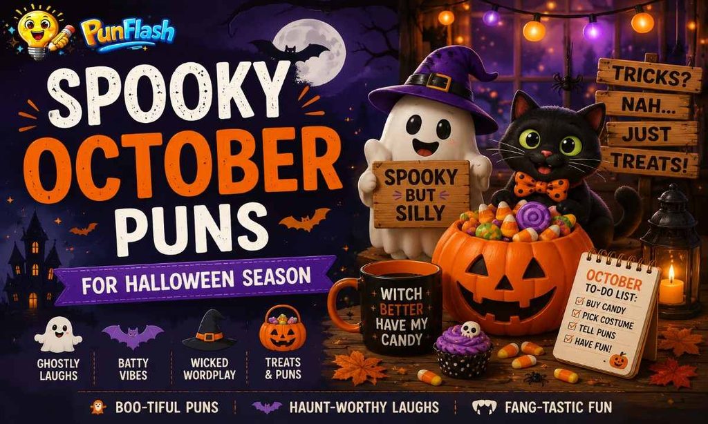 Spooky October puns for Halloween featuring a friendly ghost, black cat, jack-o-lantern, candy, bats, witch hat, and playful Halloween decorations.
