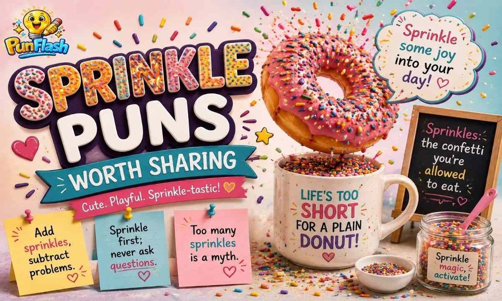 Sprinkle donut puns with colorful rainbow sprinkles, a glazed donut, sprinkle jar, and playful funny messages.
