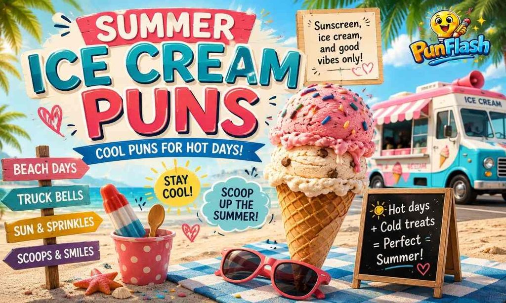 Summer ice cream puns featuring a colorful ice cream cone, beach setting, ice cream truck, popsicle, and playful summer signs