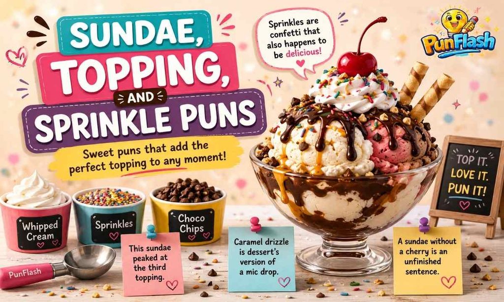 Sundae, topping, and sprinkle ice cream puns featuring a colorful ice cream sundae, whipped cream, chocolate chips, sprinkles.