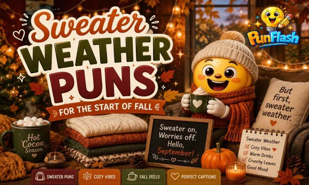 Sweater weather puns for the start of fall featuring cozy sweaters, scarves, hot cocoa, autumn leaves, and September humor