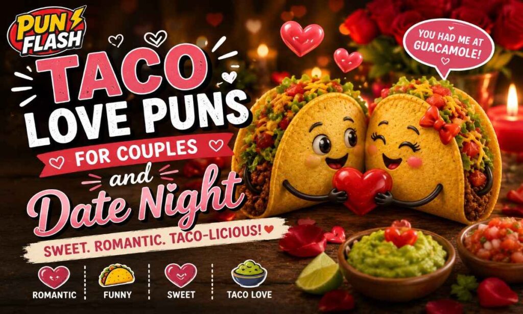 Romantic taco love puns for couples and date night with heart-shaped tacos, guacamole, salsa, and candles
