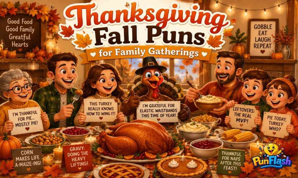 Thanksgiving Fall Puns illustration with turkey, pumpkin pie, family feast, corn, and cozy autumn decorations.