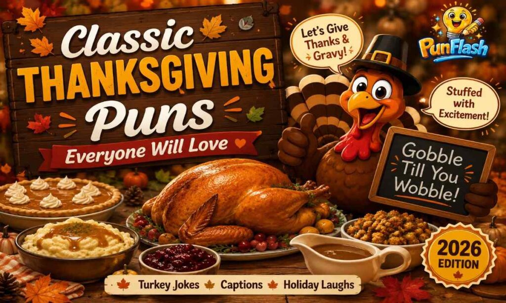 Funny Thanksgiving one-liner puns with turkey, family dinner, and holiday humor.