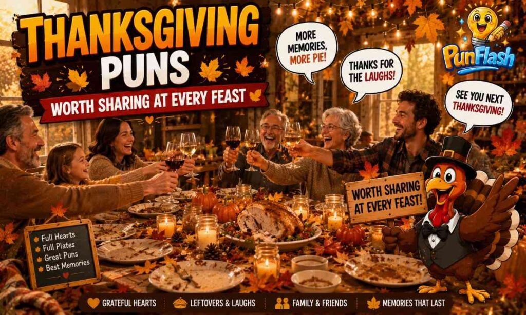 Thanksgiving puns worth sharing with family, festive feast, autumn decorations, and holiday humor.