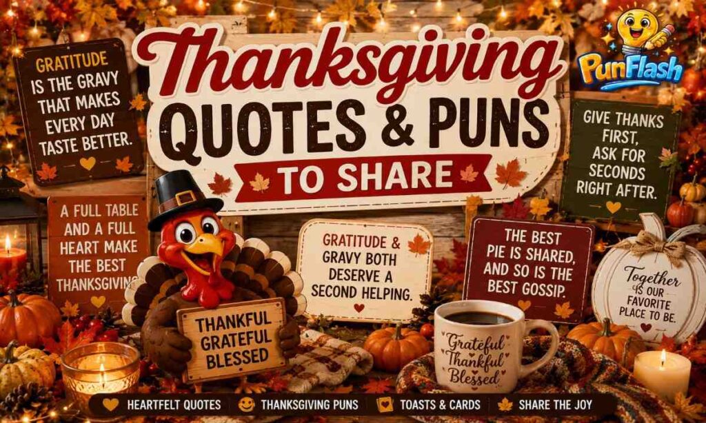 Thanksgiving quotes and puns with gratitude messages, autumn decorations, pumpkins, and festive holiday humor.
