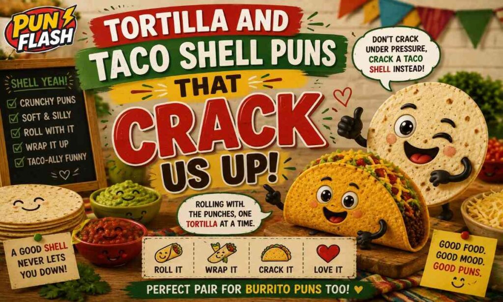 Tortilla and taco shell puns with crunchy taco shells, soft tortillas, guacamole, salsa, and funny food wordplay