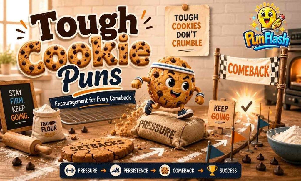 Tough cookie puns for encouragement featuring a determined chocolate chip cookie completing a comeback obstacle course with motivational signs.