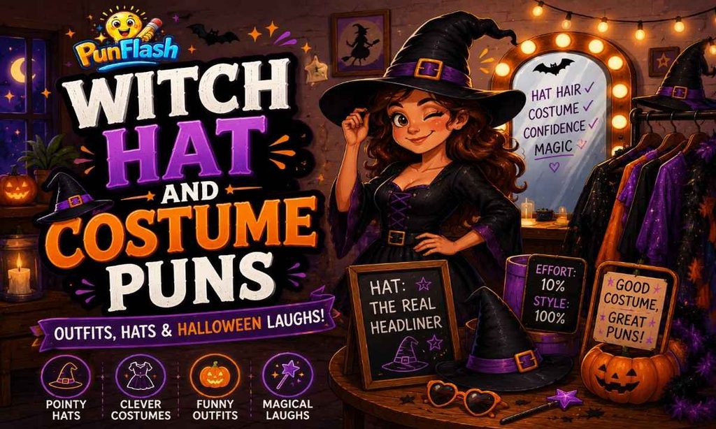 Funny witch hat and costume puns with a smiling witch, pointed hat, Halloween outfit, costume rack, mirror, pumpkins, and magical accessories.