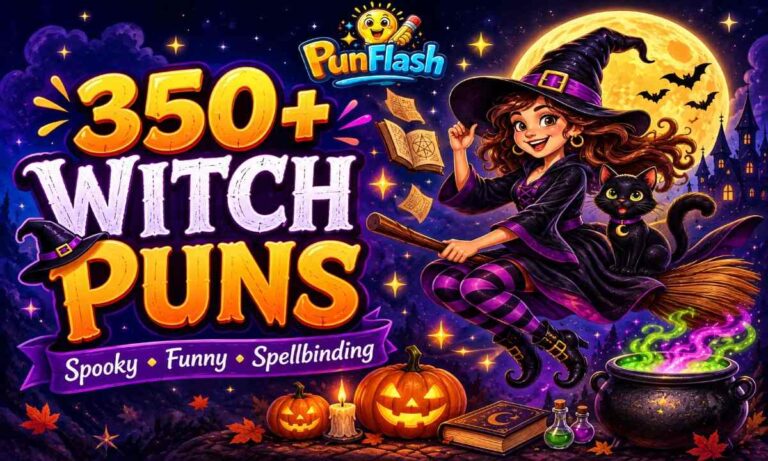 Funny witch riding a broomstick with a cauldron, black cat, pumpkins, and Halloween magic for 350+ witch puns.
