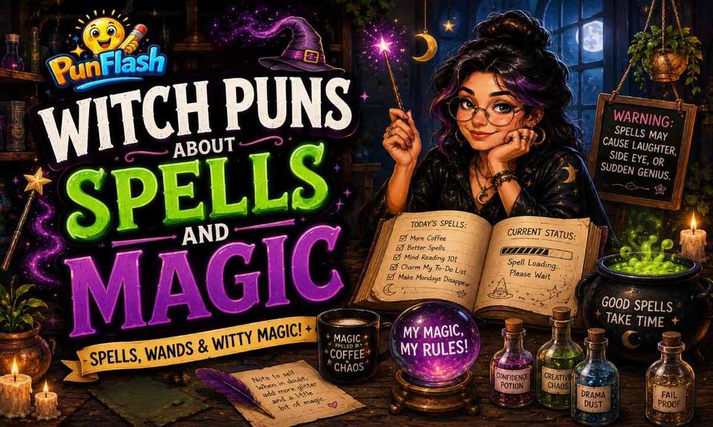 Funny witch puns about spells and magic with a witch, spellbook, magic wand, potions, crystal ball, and bubbling cauldron.