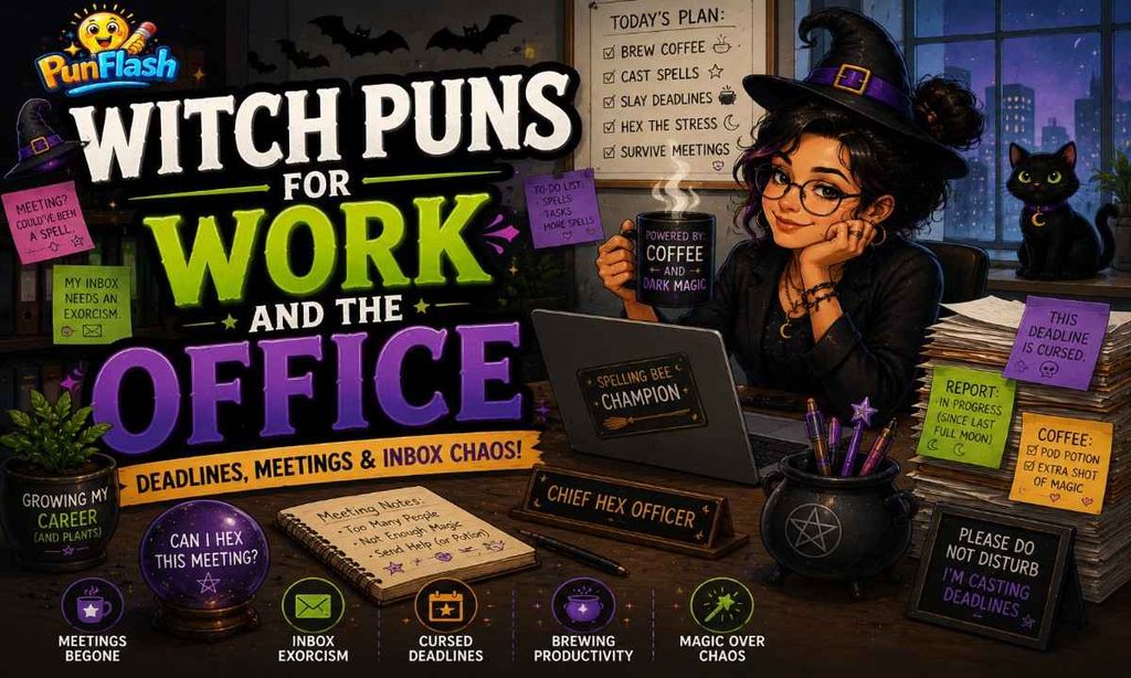 Funny witch puns for work and the office featuring a witch at a desk with a laptop, coffee, deadlines, sticky notes, and a black cat.