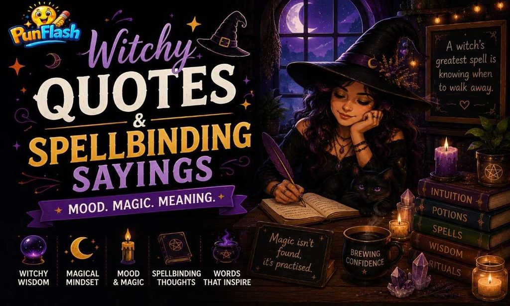 Witchy quotes and spellbinding sayings with a thoughtful witch writing in a spellbook beside a black cat, candles, crystals, and magical books.