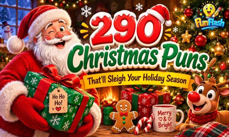 Christmas puns featured image with Santa, Christmas tree, reindeer, gifts, candy canes, and festive holiday decorations.