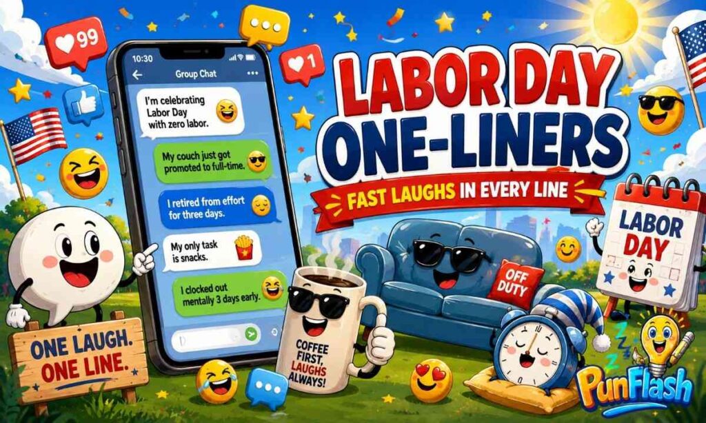 Cartoon Labor Day one-liners illustration with a smartphone, funny chat bubbles, coffee cup, couch, and Labor Day calendar