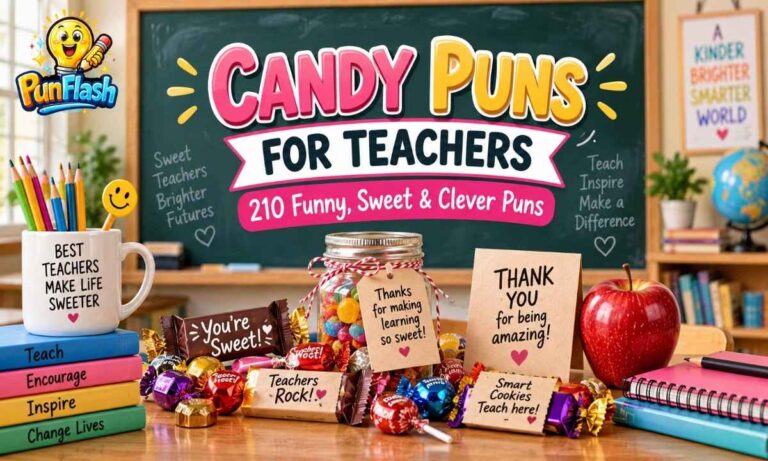 210 candy puns for teachers featuring colorful candy gifts, teacher appreciation cards, and a cheerful classroom