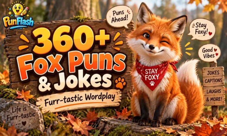 360+ fox puns and jokes featured image with a playful red fox.