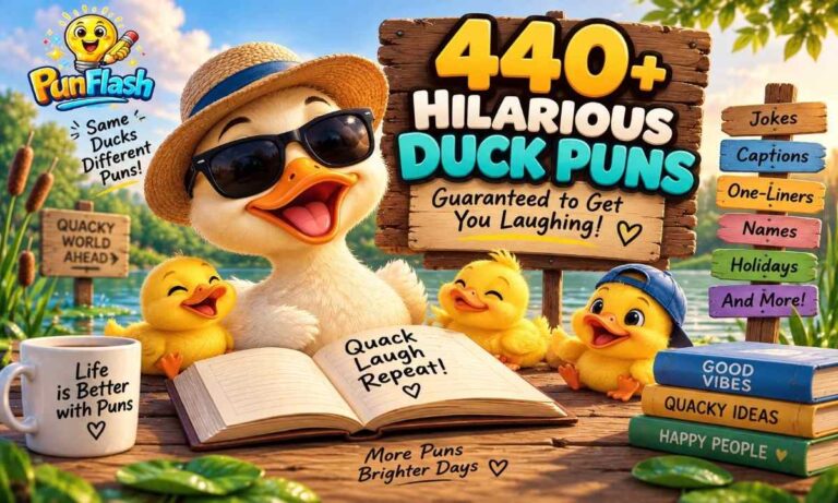 Colorful cartoon duck with ducklings at a pond beside a sign featuring 440 duck puns, jokes, captions, and one-liners