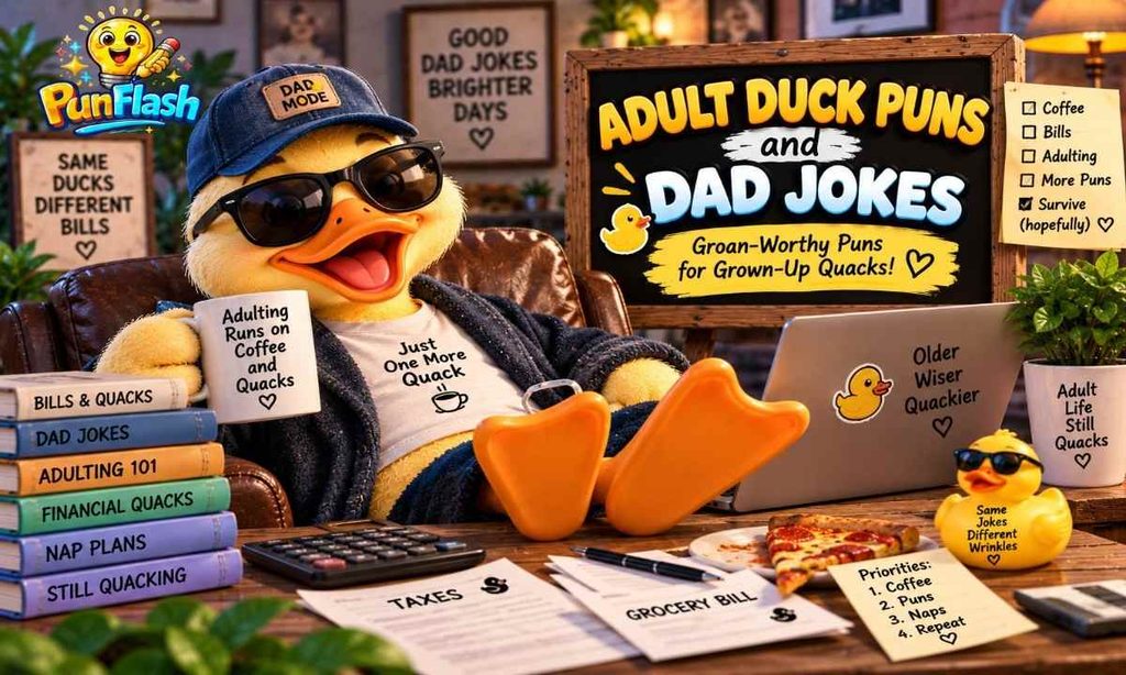 Cartoon duck relaxing with coffee, bills, laptop, and office items beside a sign featuring adult duck puns and dad jokes.