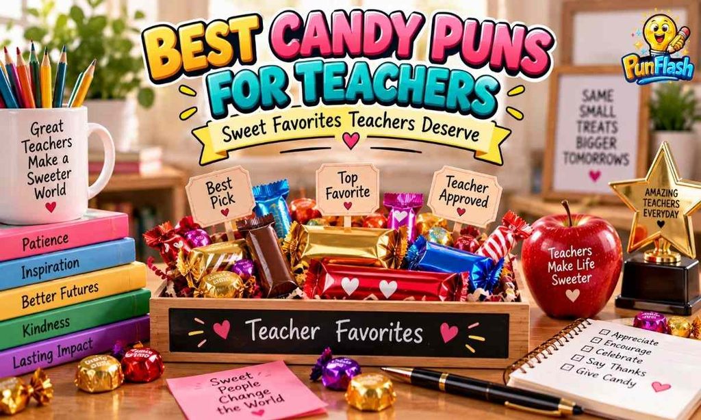 Best candy puns for teachers featuring a curated display of colorful candy gifts, teacher appreciation items, books, and school supplies