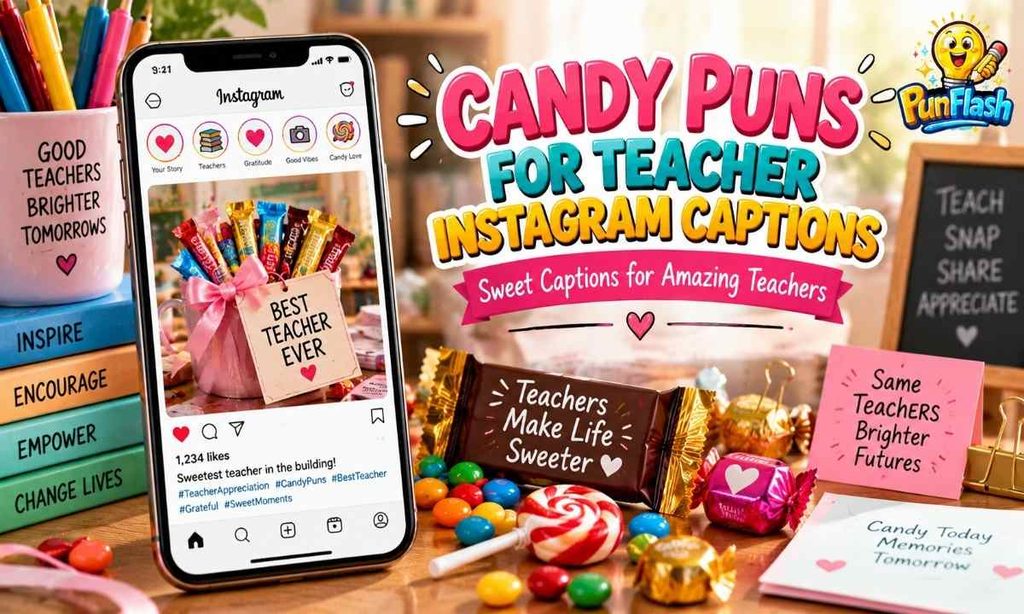 Candy puns for teacher Instagram captions with colorful candy gifts, social media post design, and teacher appreciation theme