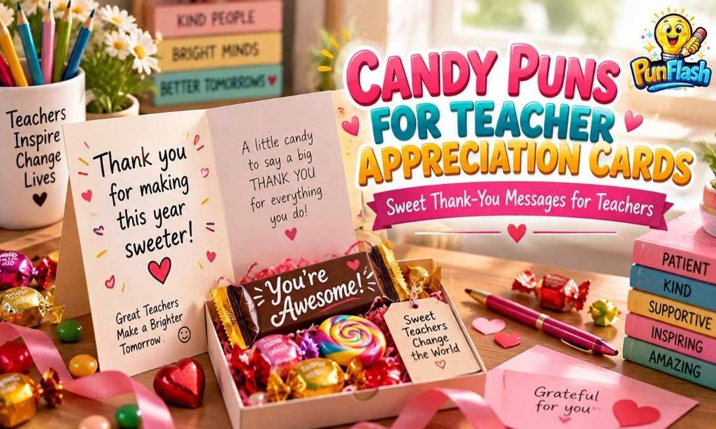 Candy puns for teacher appreciation cards featuring a heartfelt thank-you card, colorful candy, stationery, and a thoughtful teacher gift