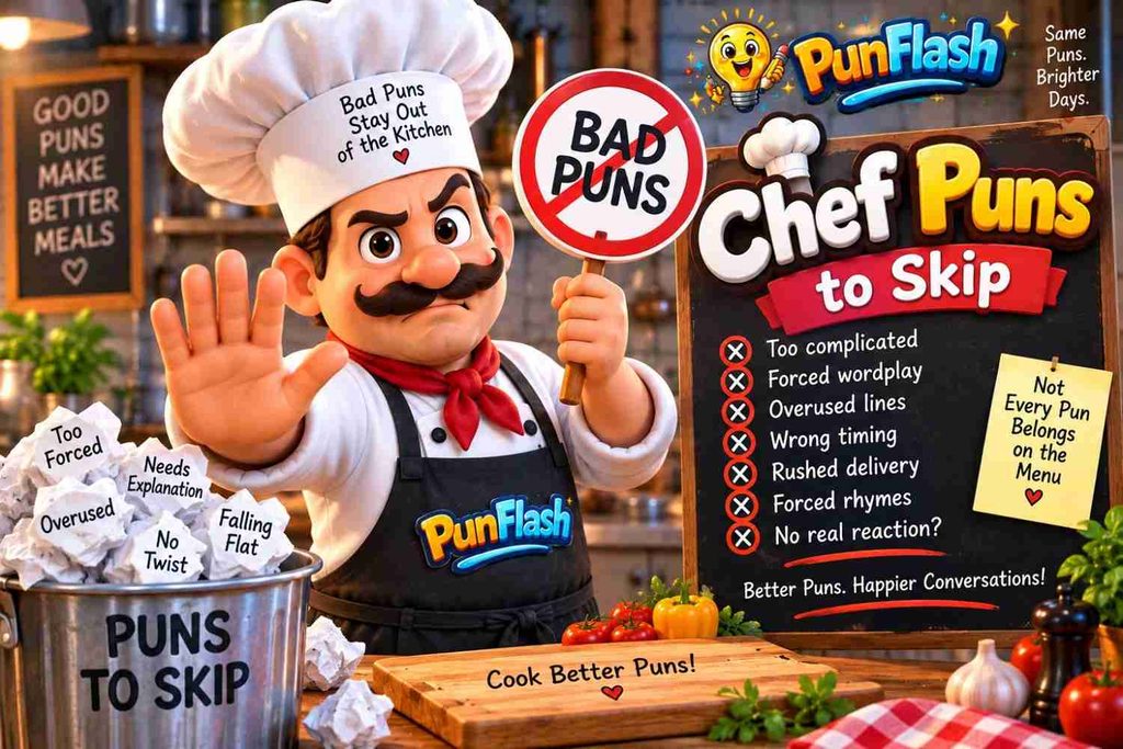 Cartoon chef holding a bad puns warning sign beside a chalkboard showing chef puns to skip in a colorful kitchen