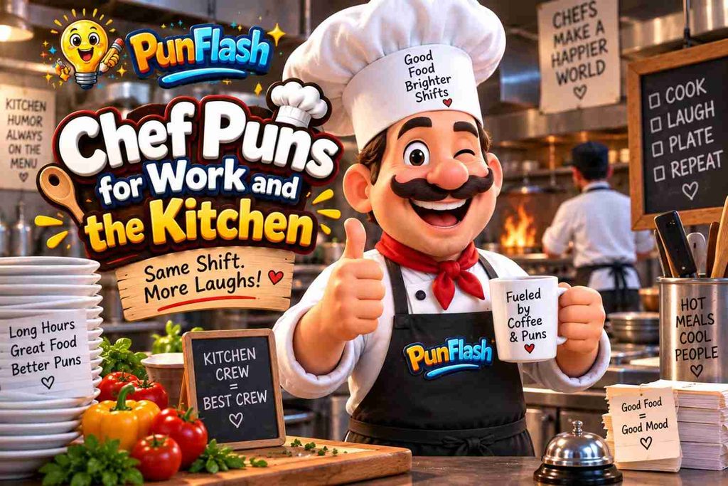 Cartoon chef in a busy restaurant kitchen holding coffee with PunFlash branding and humorous chef work puns