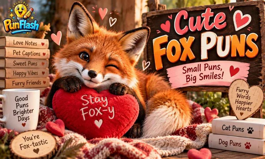 Cute fox puns featured image showing a playful red fox cuddling a heart pillow.