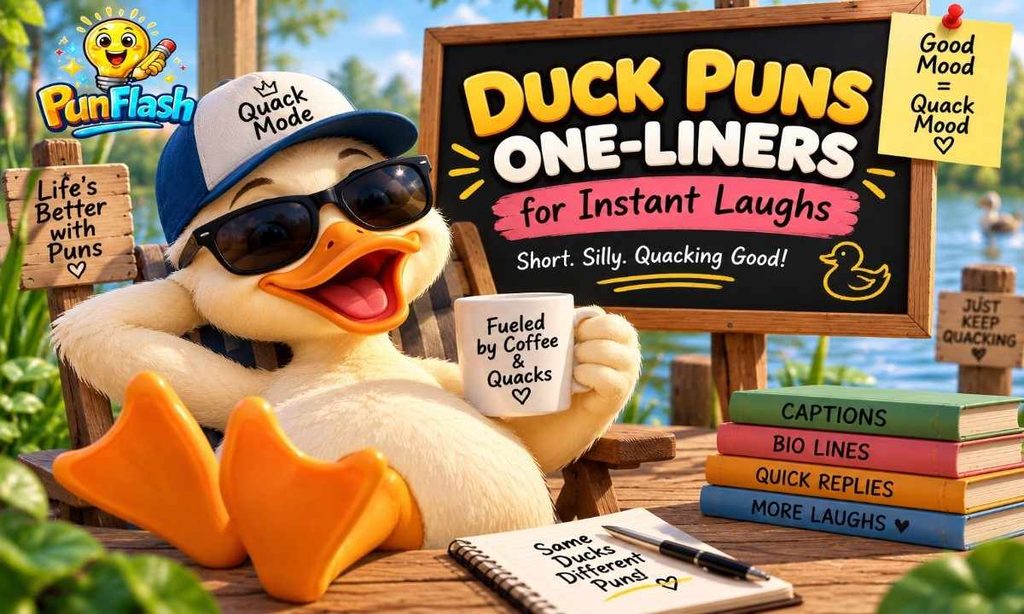 Cartoon duck wearing sunglasses and a cap while relaxing by a pond with a sign featuring duck puns one-liners for instant laughs
