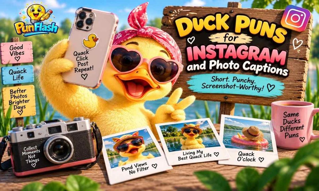 Cartoon duck taking a selfie beside Instagram photos and a sign featuring duck puns for Instagram and photo captions