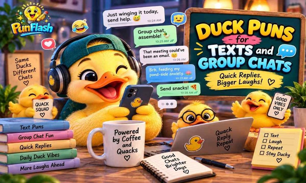 Cartoon ducks using smartphones and chat messages beside a sign featuring duck puns for texts and group chats