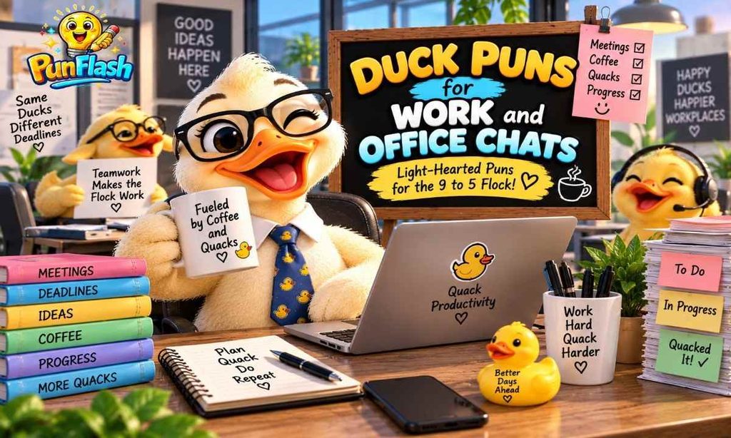 Cartoon ducks working at laptops in an office with coffee, desks, and a sign featuring duck puns for work and office chats