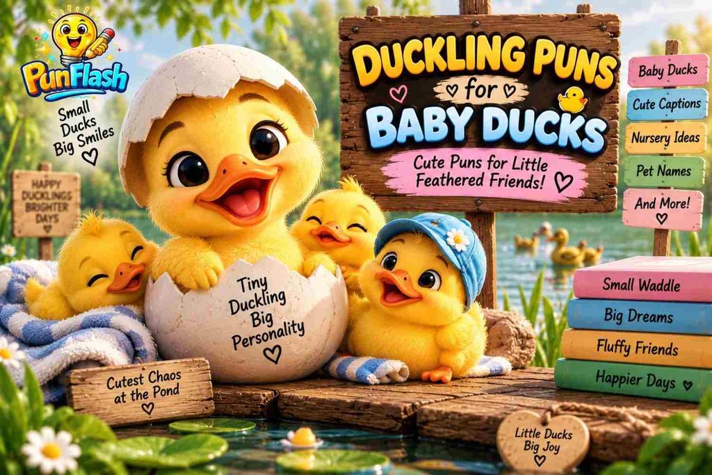 Cute cartoon ducklings hatching from an egg beside a pond with a sign featuring duckling puns for baby ducks