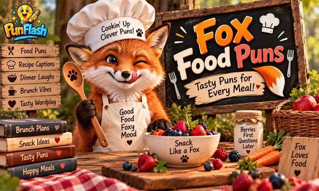 Fox food puns featured image showing a playful red fox chef with berries, food props.