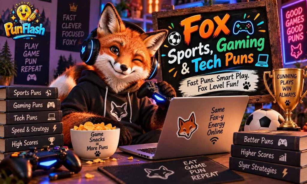 Fox sports gaming and tech puns featured image showing a playful fox with a gaming controller, laptop, soccer ball.