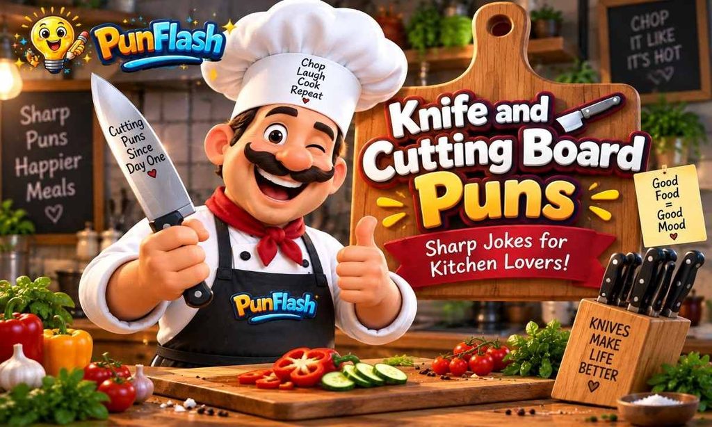 Cartoon chef holding a kitchen knife beside a wooden cutting board with colorful vegetables and PunFlash branding