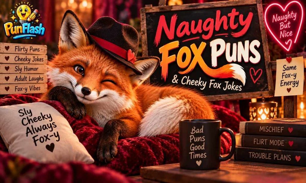 Naughty fox puns and cheeky fox jokes featured image with a playful red fox.