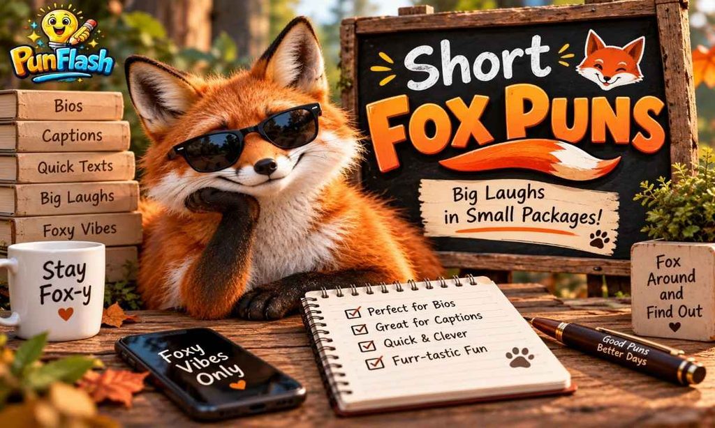 Featured image for short fox puns showing a playful red fox with sunglasses