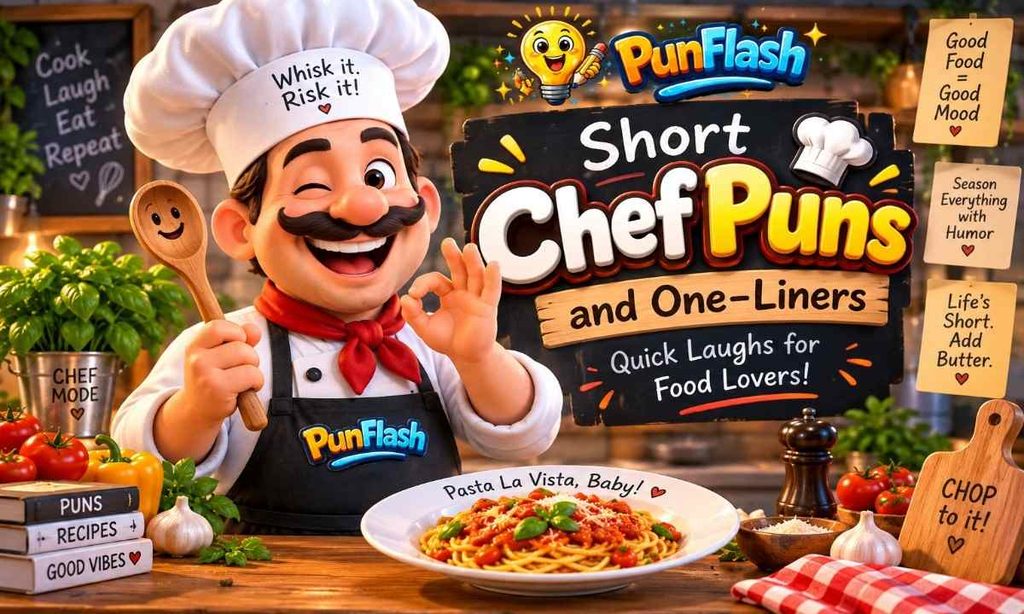 Cheerful cartoon chef holding a wooden spoon beside a colorful kitchen display featuring short chef puns and one-liners