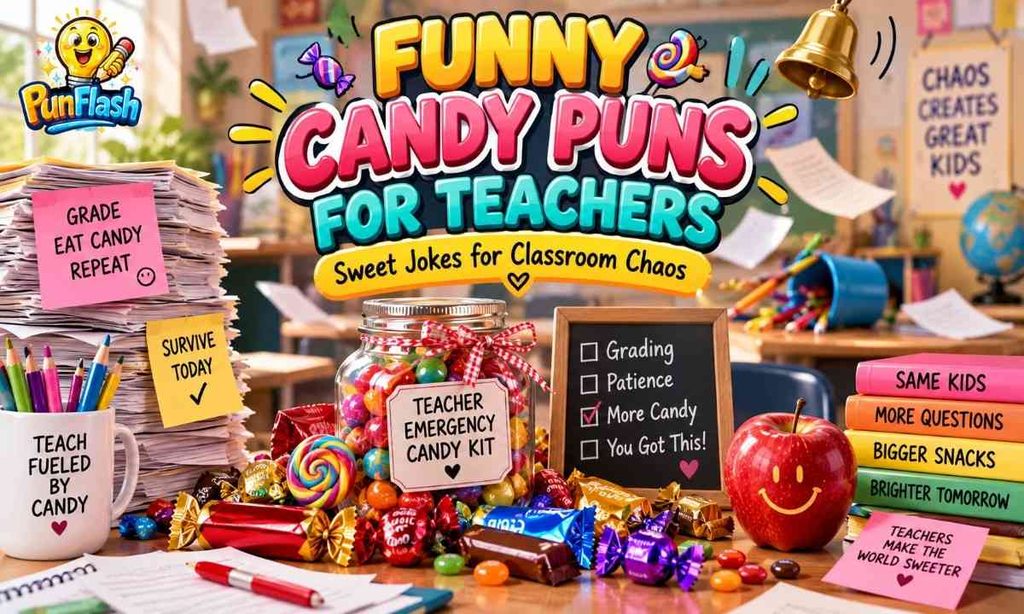 Funny candy puns for teachers with colorful candy, classroom chaos, grading papers, and a teacher candy survival theme